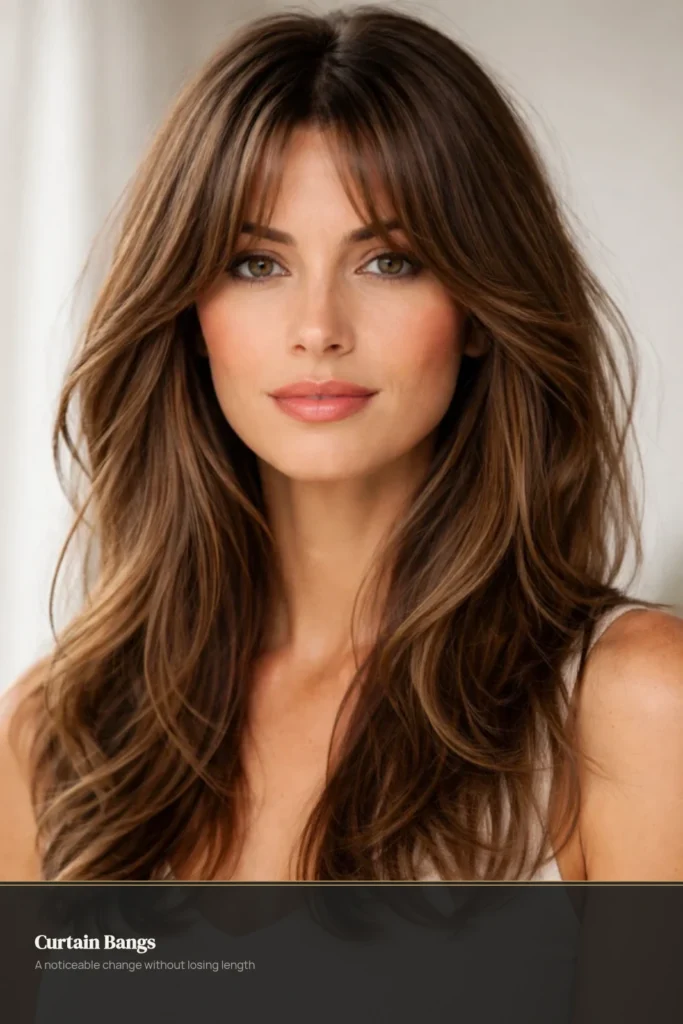 Soft curtain bangs blended into long layered brunette hair on a round face