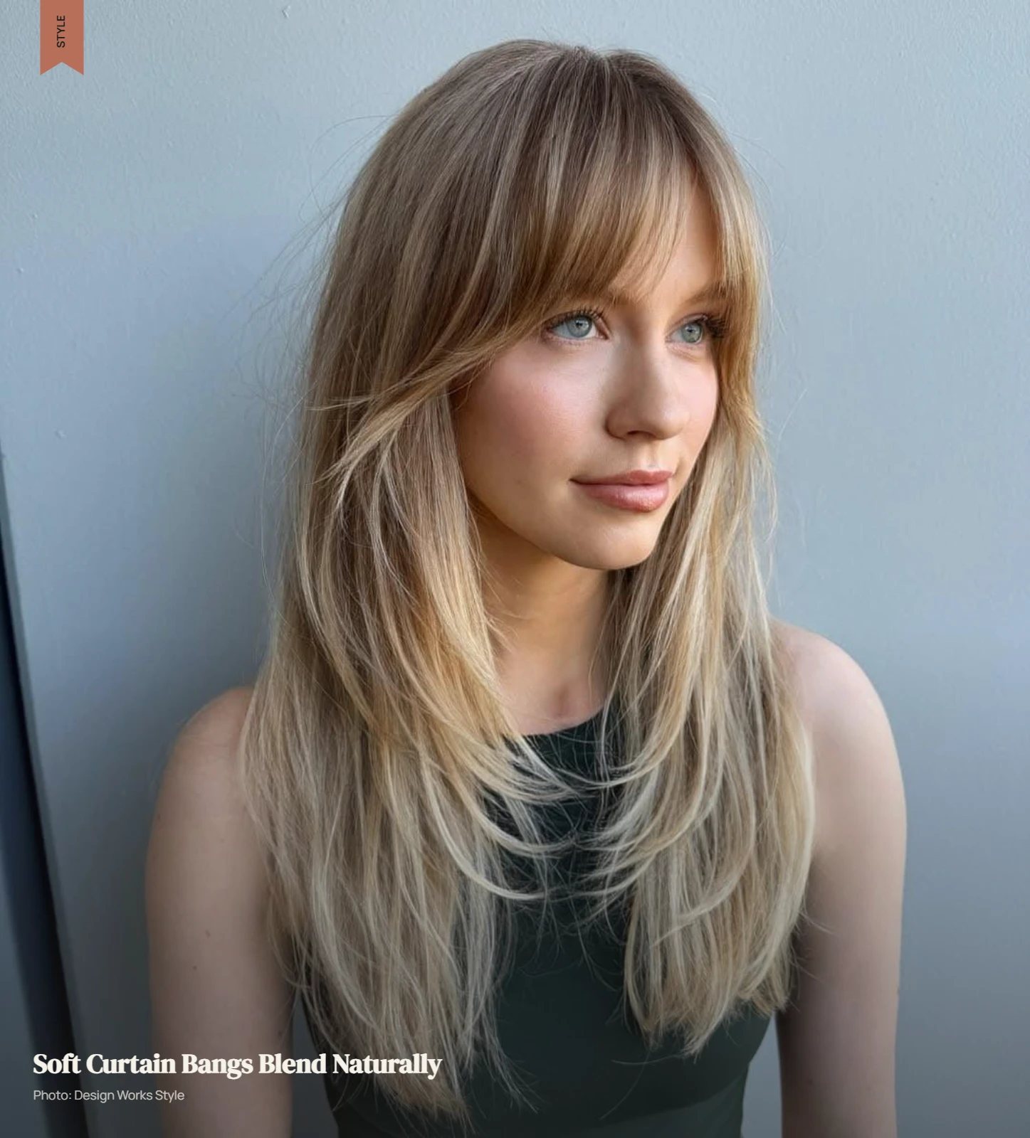 Soft curtain bangs with longer sides blended into fine hair