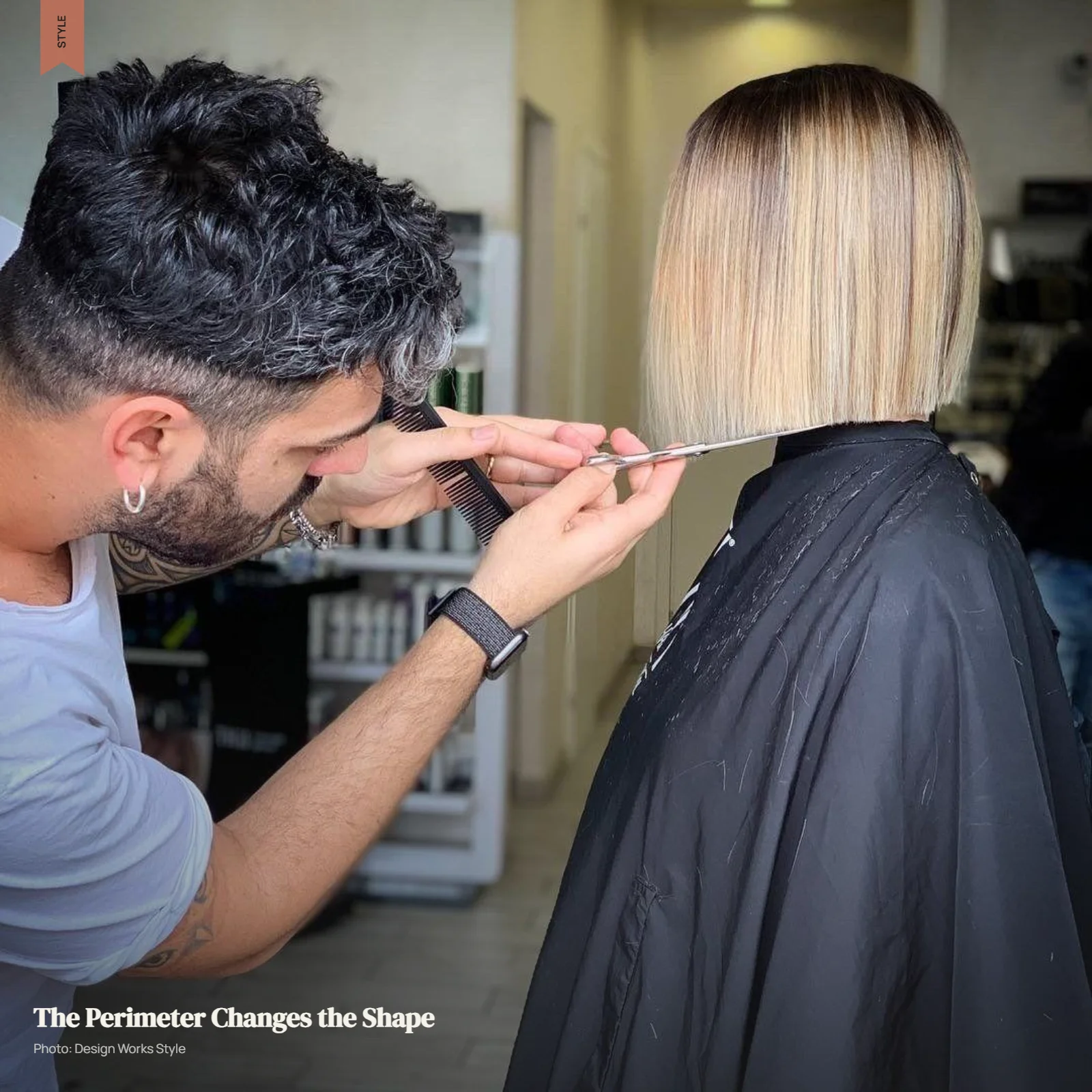 Stylist cutting a softly angled medium-length bob with the front slightly longer