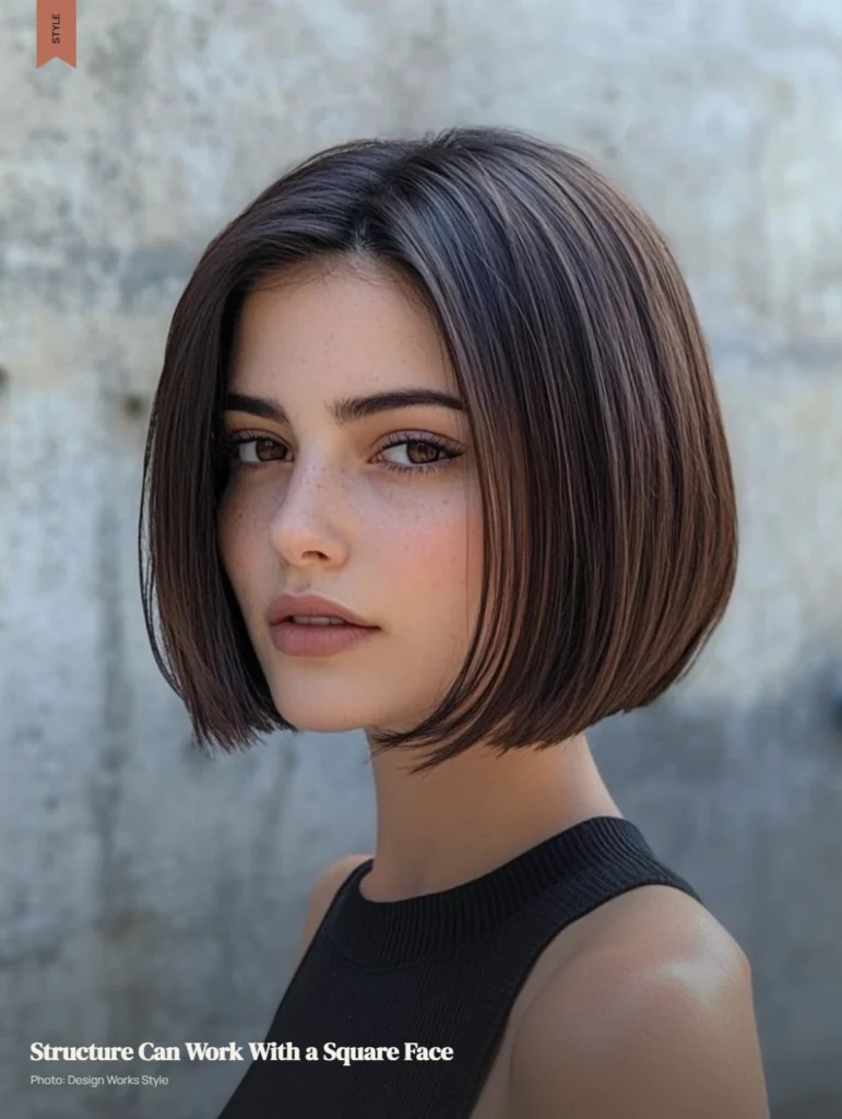 Shoulder-length lob with face-framing layers around a defined square jaw