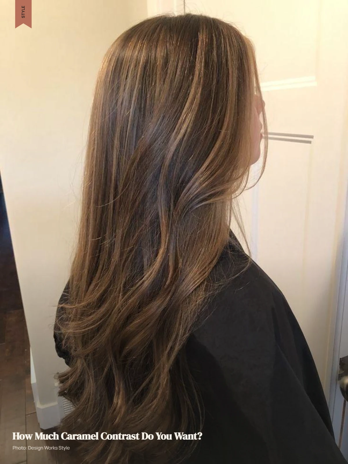Dark brown hair showing restrained caramel balayage with visible tonal contrast
