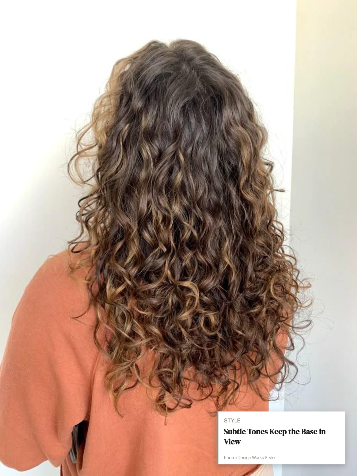 Curly brown hair with subtle beige and brown balayage pieces close to the base color