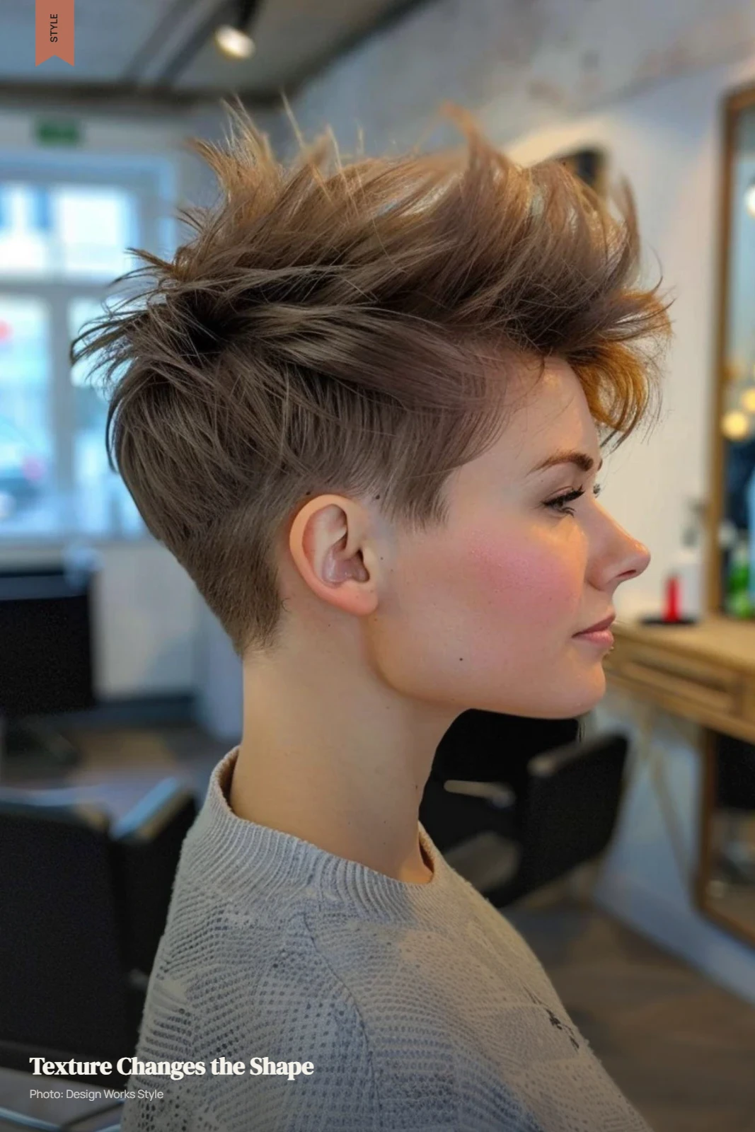 Textured pixie with choppy layers, separated pieces, and directional volume