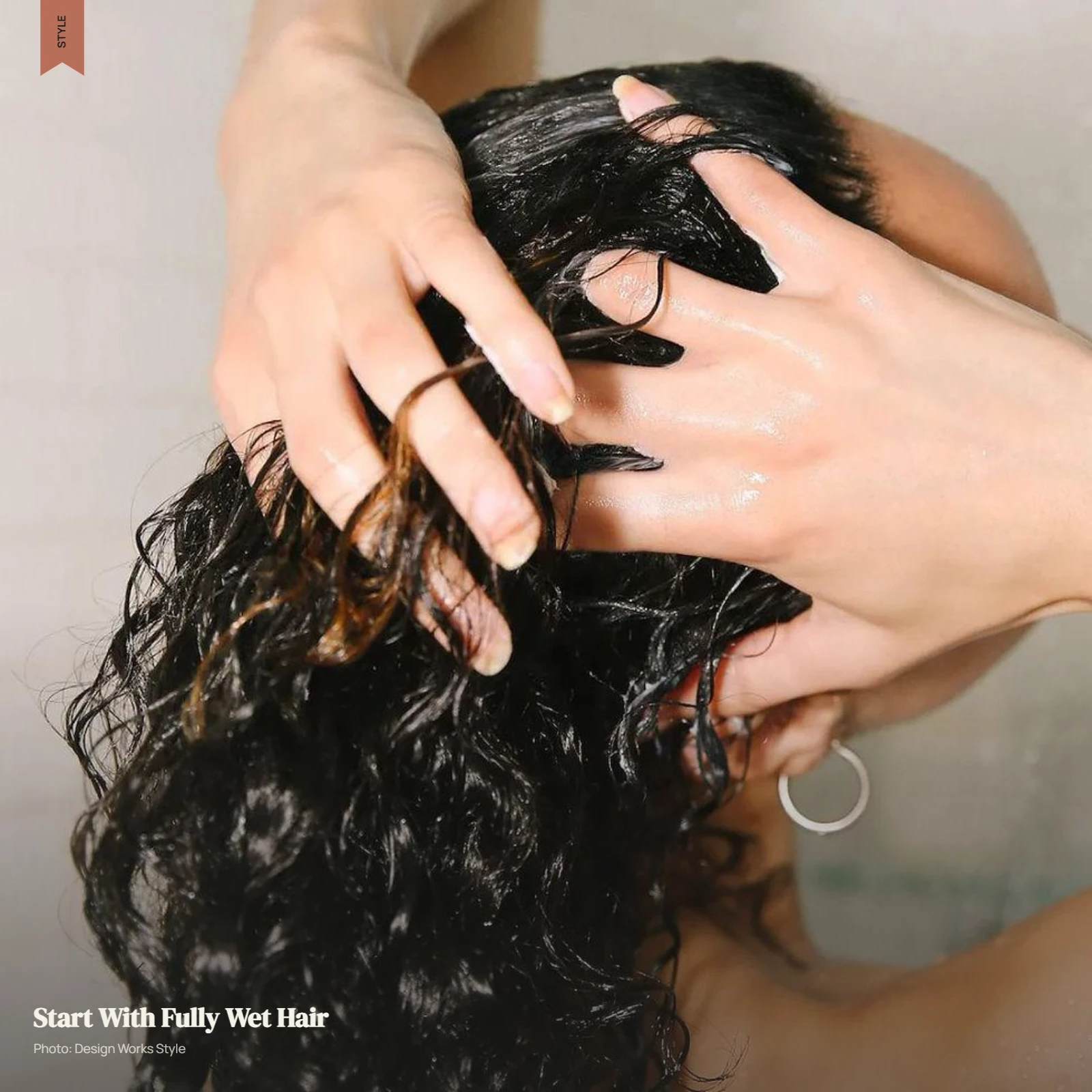 Permed curls fully saturated with water before cleansing