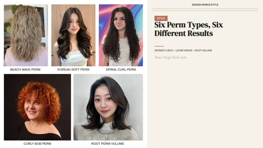 Six perm styles showing defined curls, loose waves, spiral curls, beach waves, and root volume