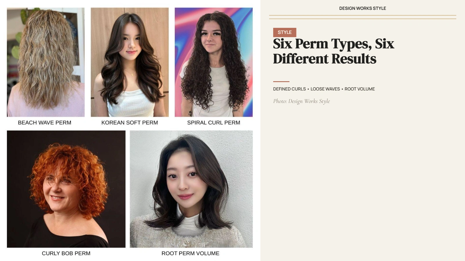 Six perm styles showing defined curls, loose waves, spiral curls, beach waves, and root volume