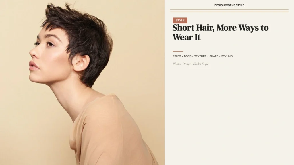 Versatile short hairstyle with defined shape, textured layers, and directional fringe
