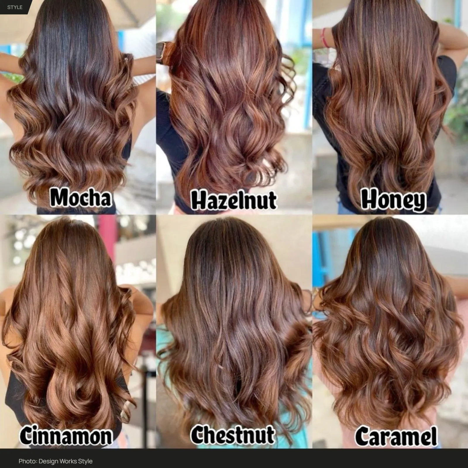 Warm brunette hair with caramel, honey, and golden tones