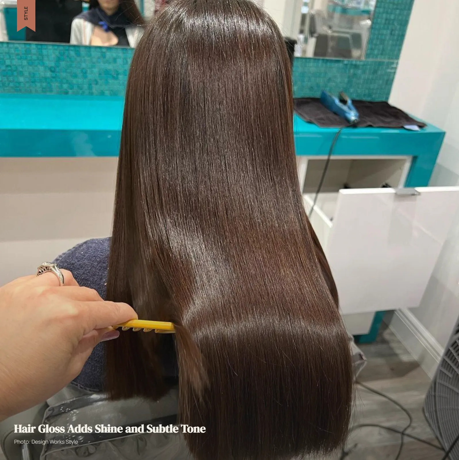 Glossy brunette hair showing reflective shine and subtle tonal variation from a hair gloss treatment