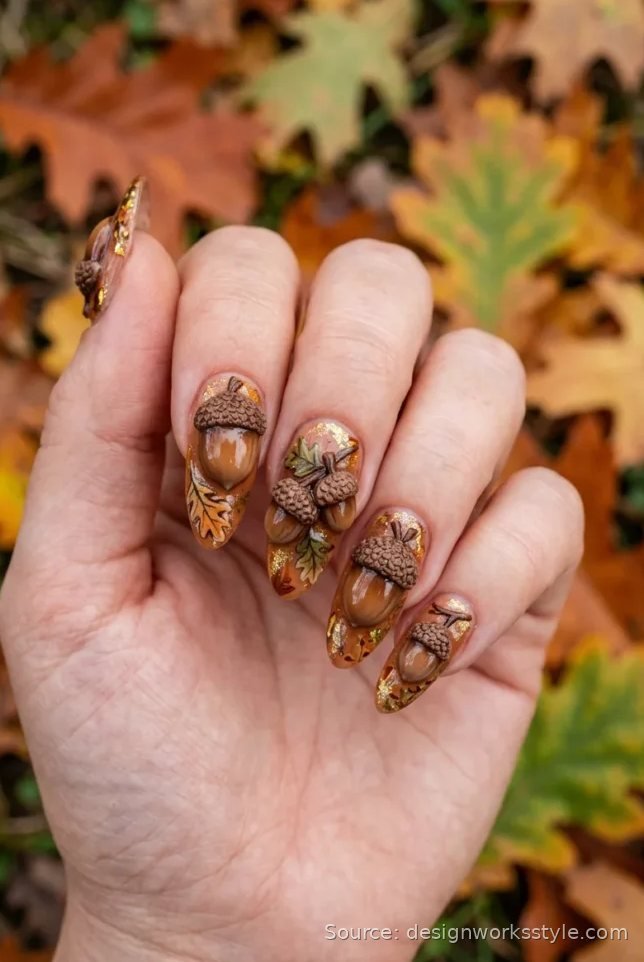 3D sculpted acorn and oak leaf nail art