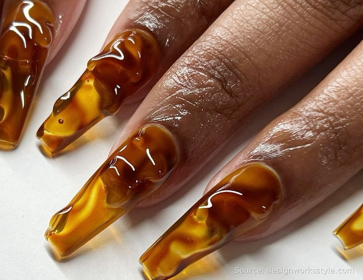 Translucent amber apple cider jelly Thanksgiving nails on long square shape