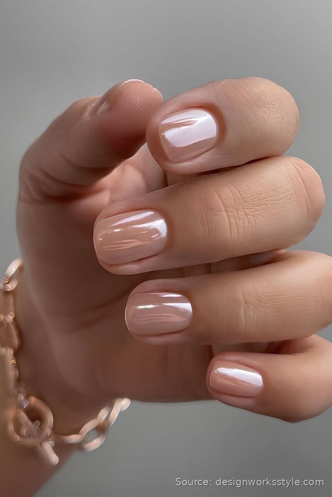 Barely there pearly shimmer nails on short square nails