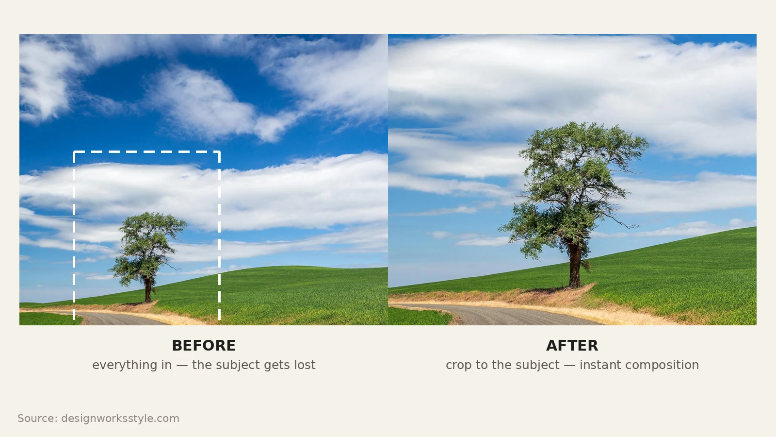 Before and after crop of the same photo showing stronger composition