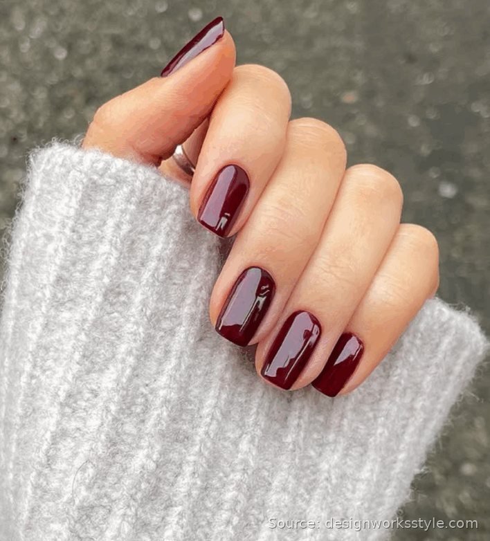 Glossy deep black cherry red nails for fall