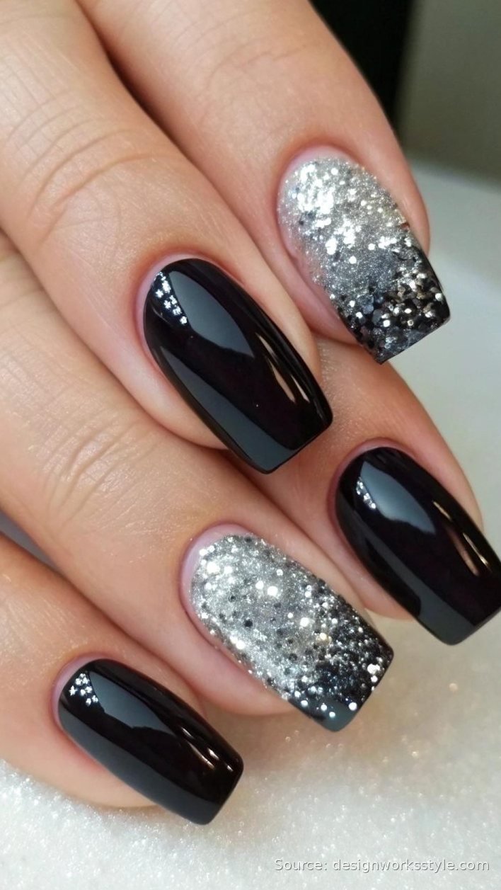 Black nails with silver glitter gradient tips for New Year's Eve