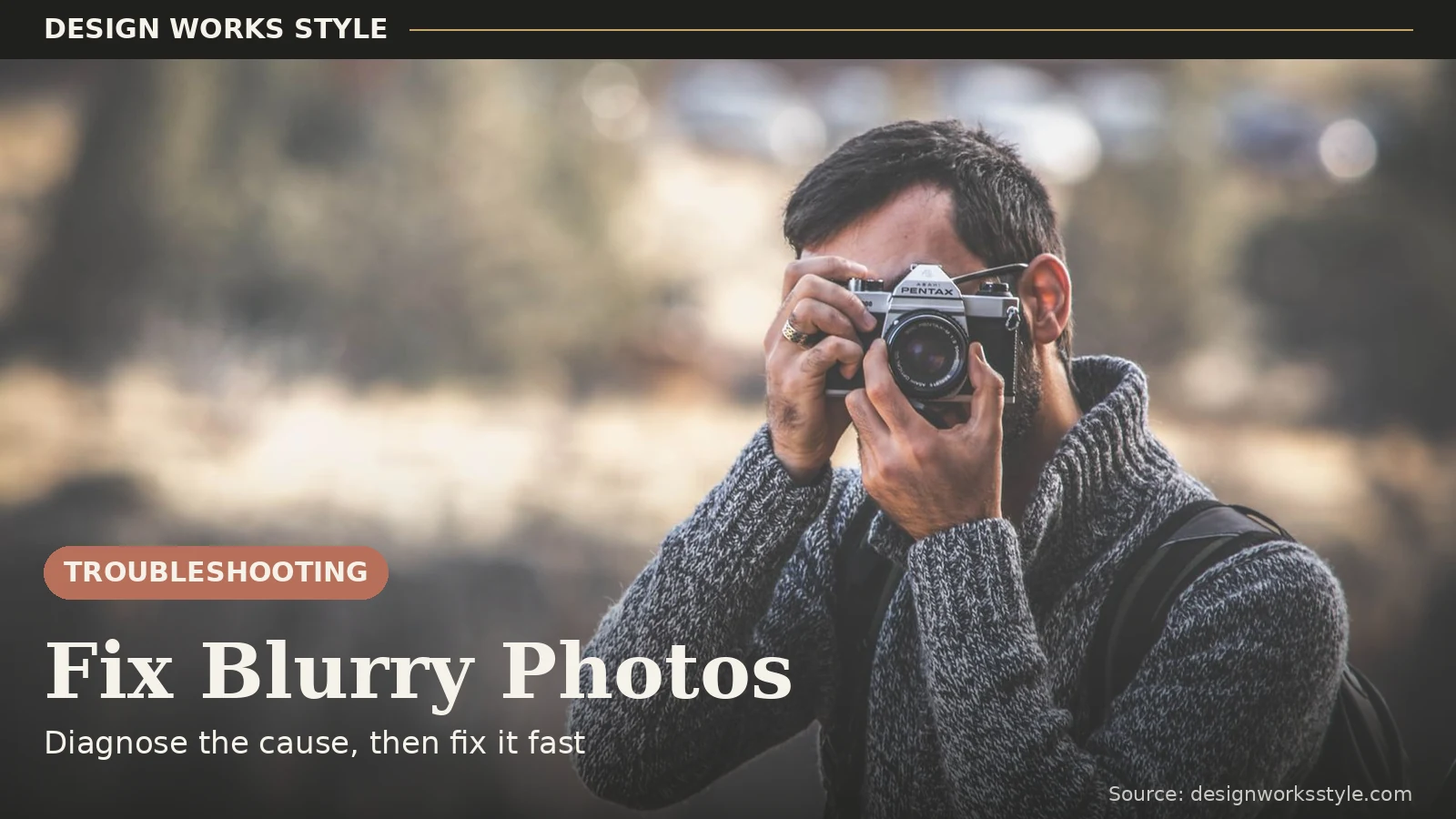 Photographer holding a camera taking a photo outdoors