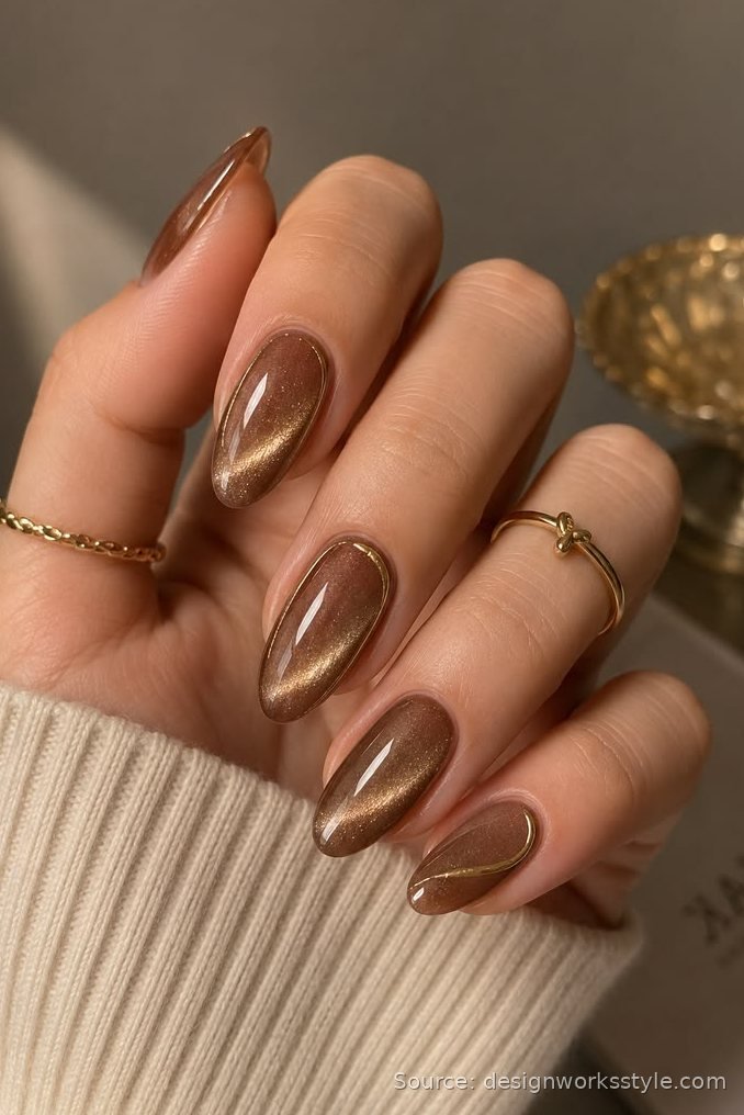 Bronze brown cat eye nails with gold outline and gold rings
