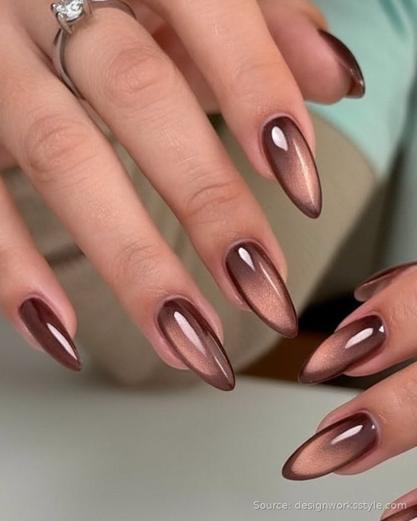 Rose brown magnetic cat eye nails on stiletto shape