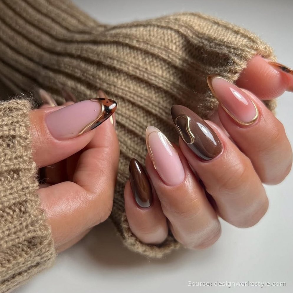 Mixed brown and gold nail set with tortoise tips and gold outlines
