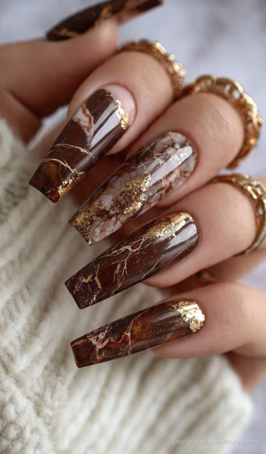Brown marble nails with gold veins and gold foil