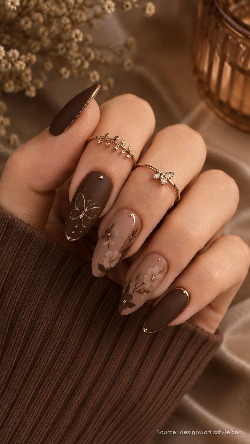Matte brown nails with gold outlines floral art and butterfly accent