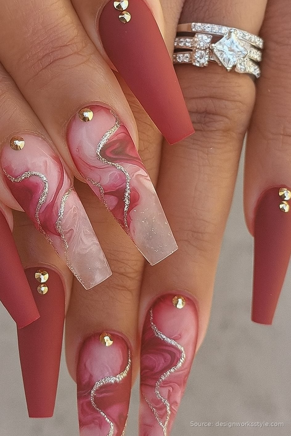 Burgundy marble coffin nails with gold veins and gold studs