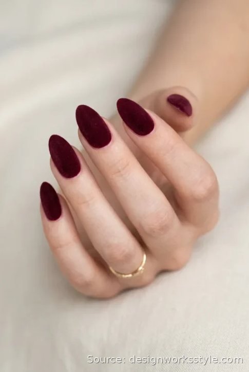 Matte burgundy velvet November nails on almond shape