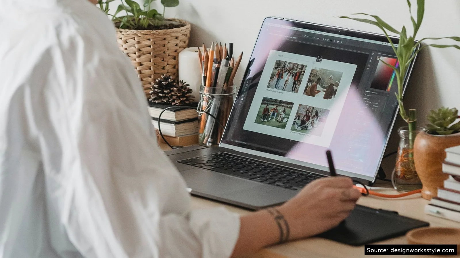 Laptop showing a graphic design workspace with templates and editing tools