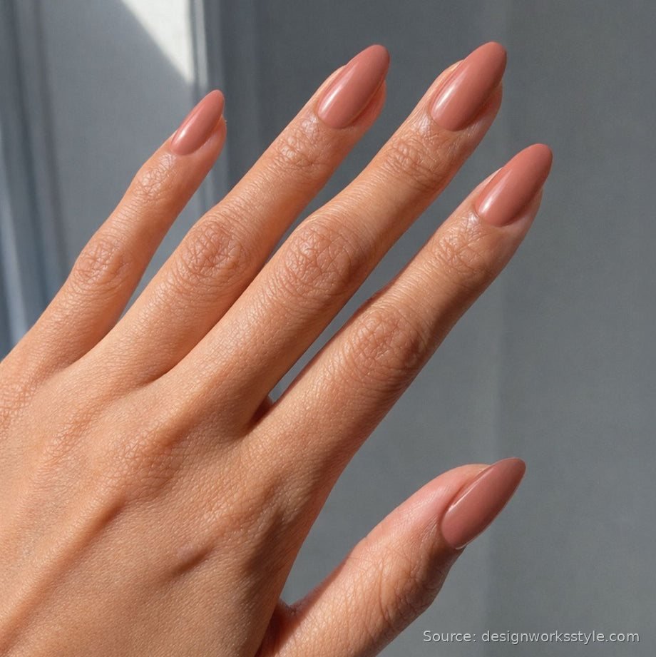 Caramel nude polish on almond shaped nails
