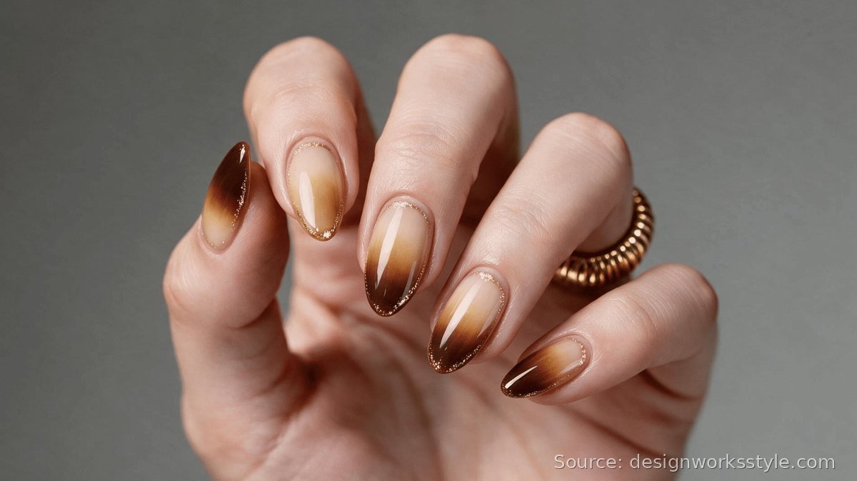 Caramel latte ombre fall nails fading from nude to brown