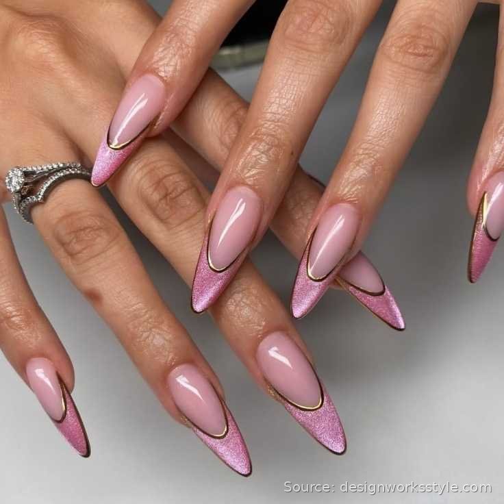 Pink cat eye French tip nails with gold outline