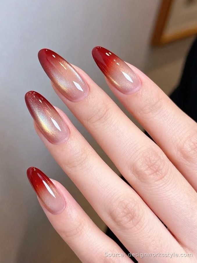 Red to nude cat eye ombre nails