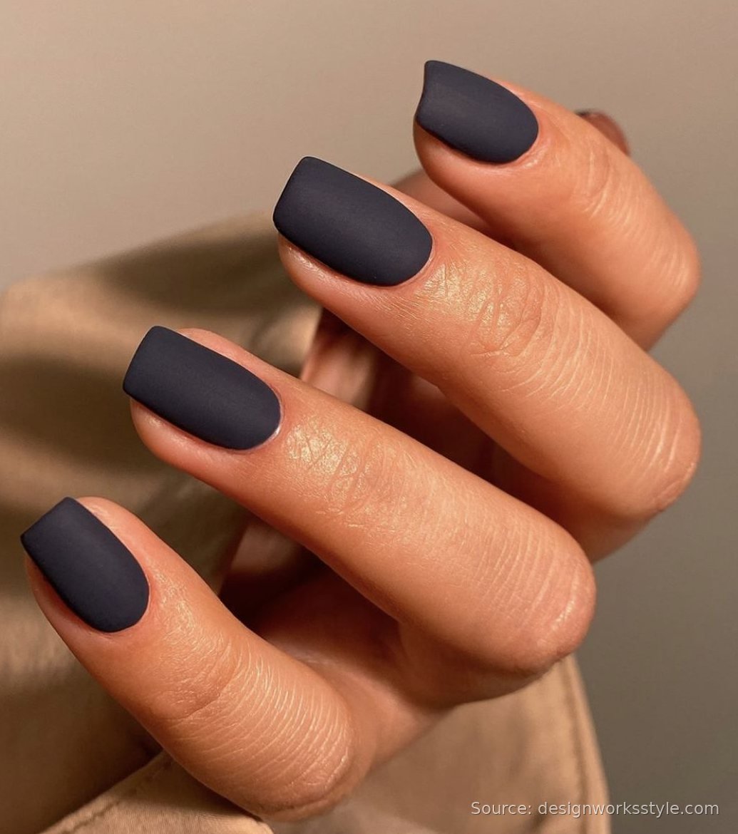 Matte charcoal gray November nails on short square nails