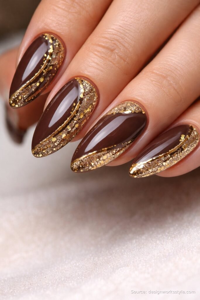 Chocolate brown nails with diagonal gold glitter bands