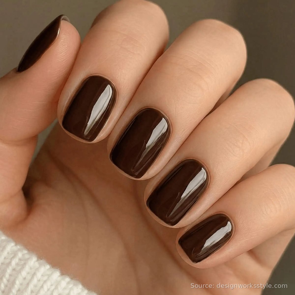 Rich chocolate brown manicure on short square nails
