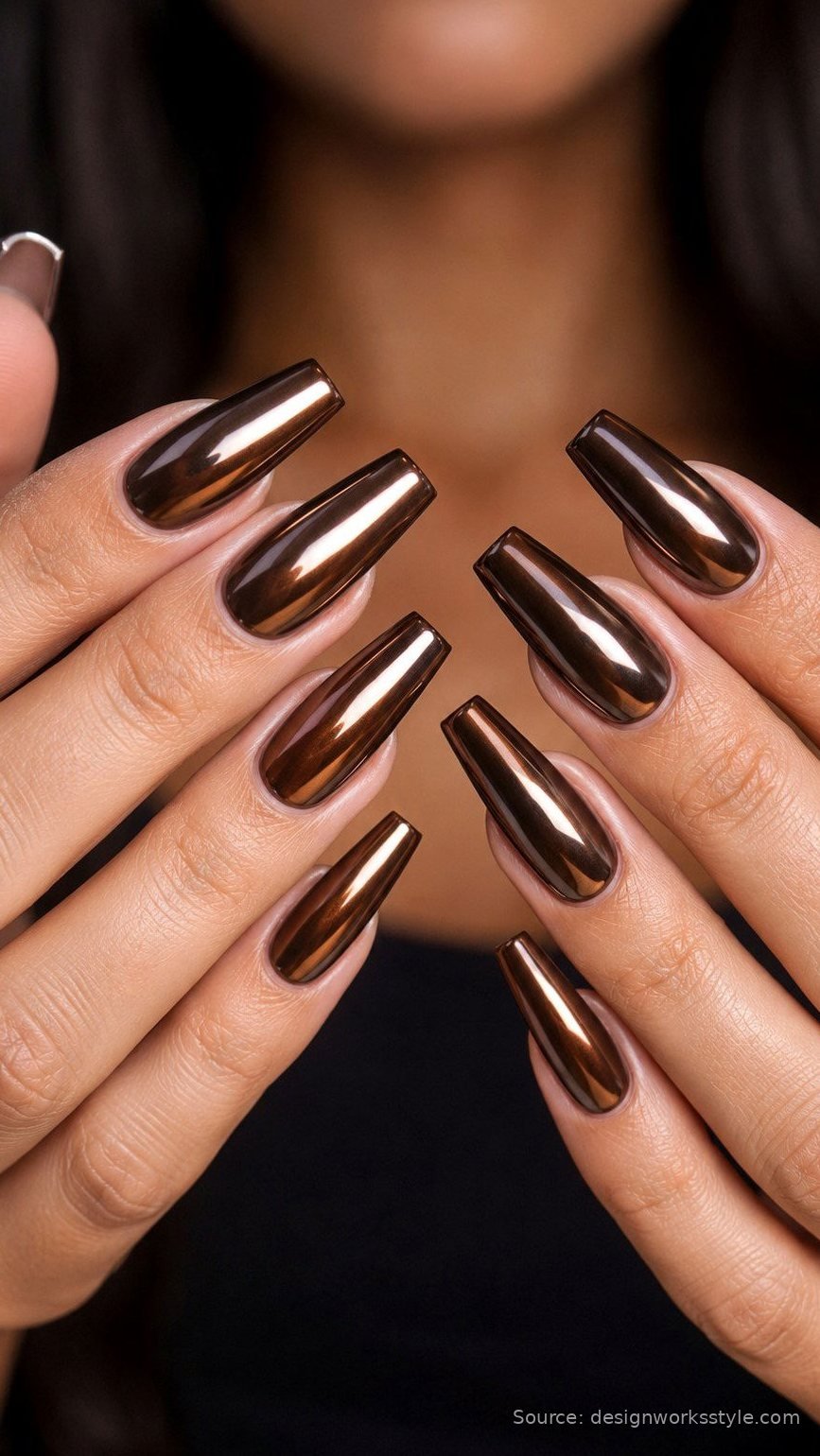Chocolate brown chrome coffin nails
