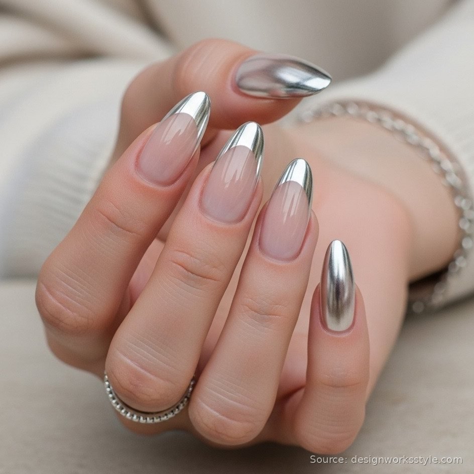 Chrome French tip nails with silver metallic tips on nude bases