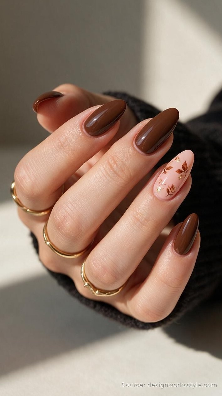 Cinnamon brown fall nails with gold leaf accent nail