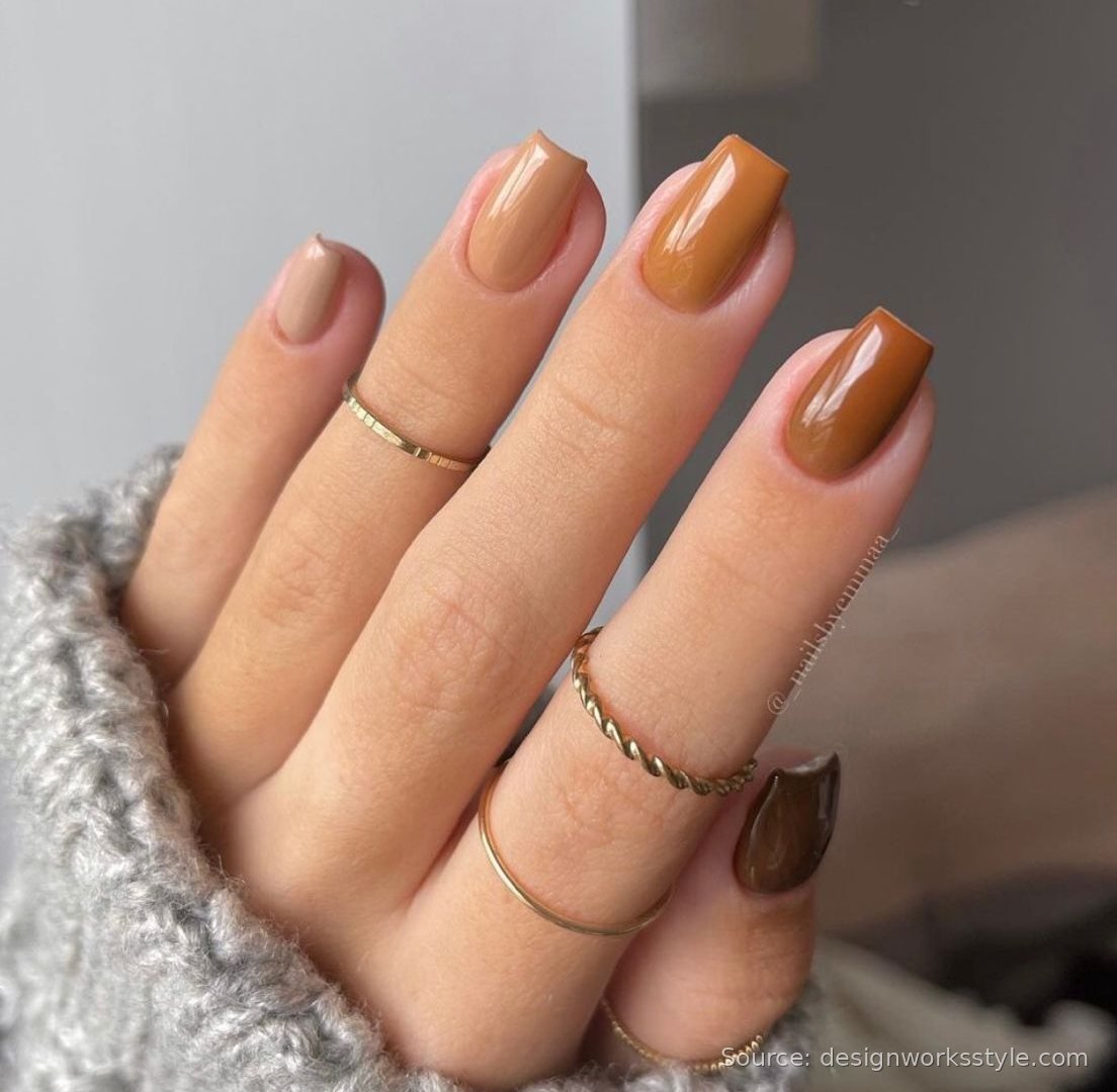 Glossy cinnamon to chocolate brown gradient nails