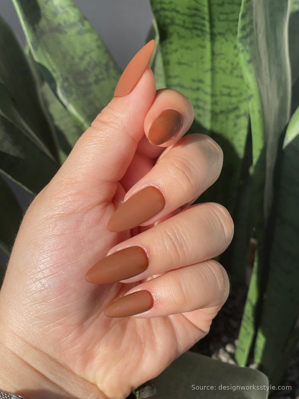 Matte cinnamon brown nails on almond shape