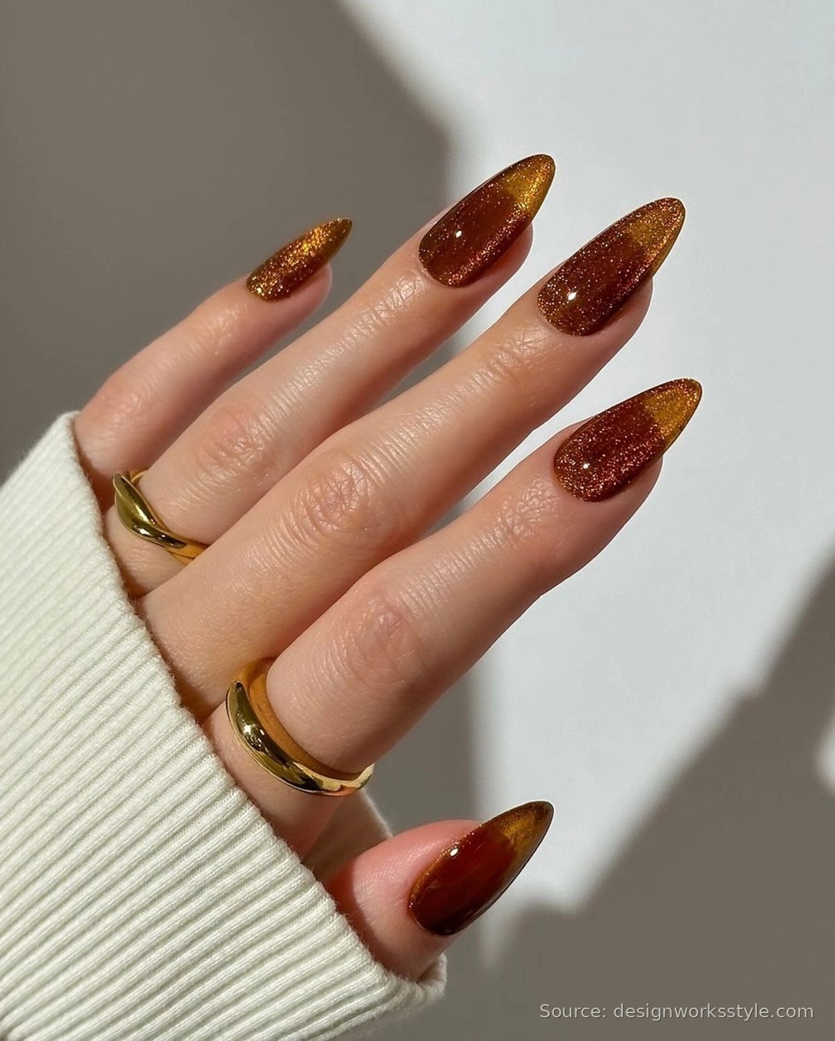 Copper cinnamon shimmer November nails on almond shape