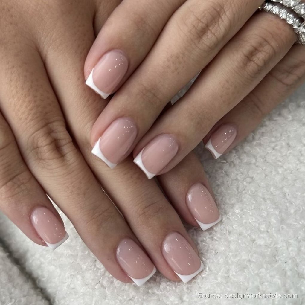 Classic white French tip nails on nude pink nails