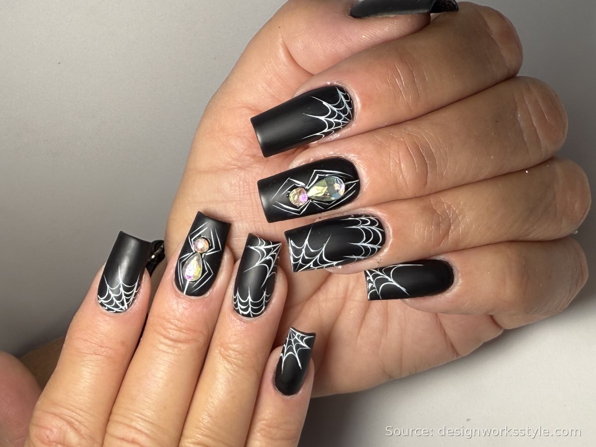 Matte black coffin nails with white spiderweb art and crystal spiders