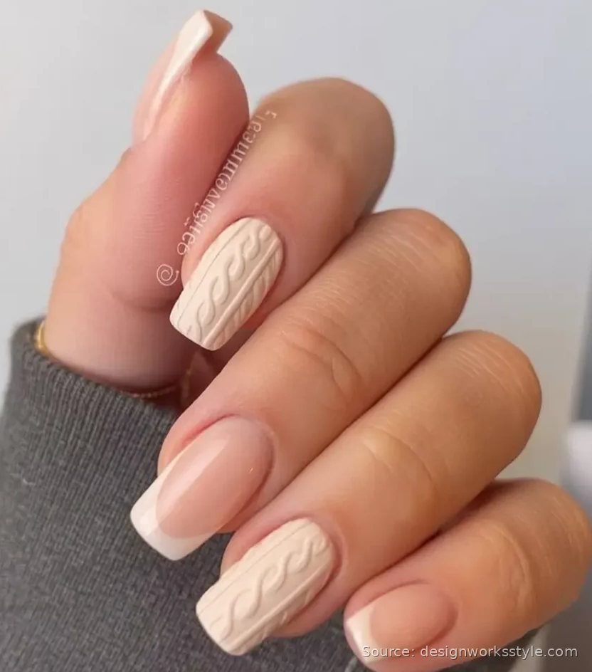 Cream cable knit sweater nail art with French tips