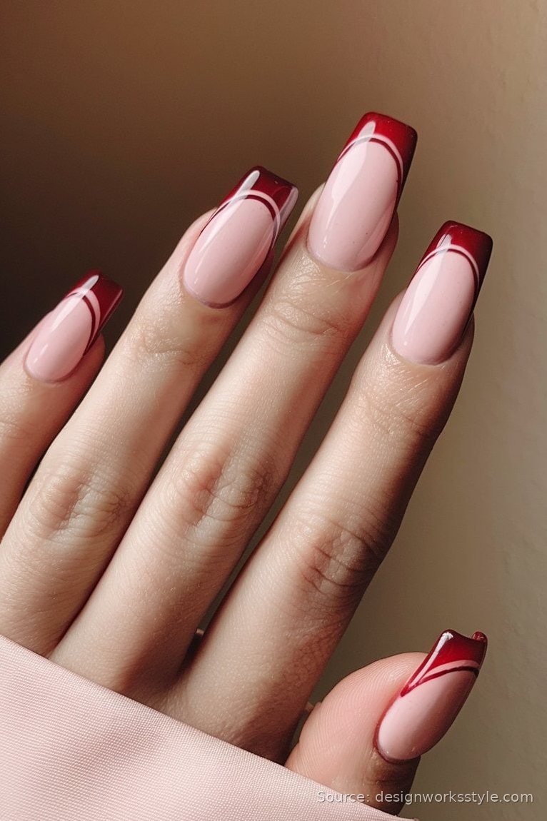 Cranberry red French tip November nails with double outline on square nails