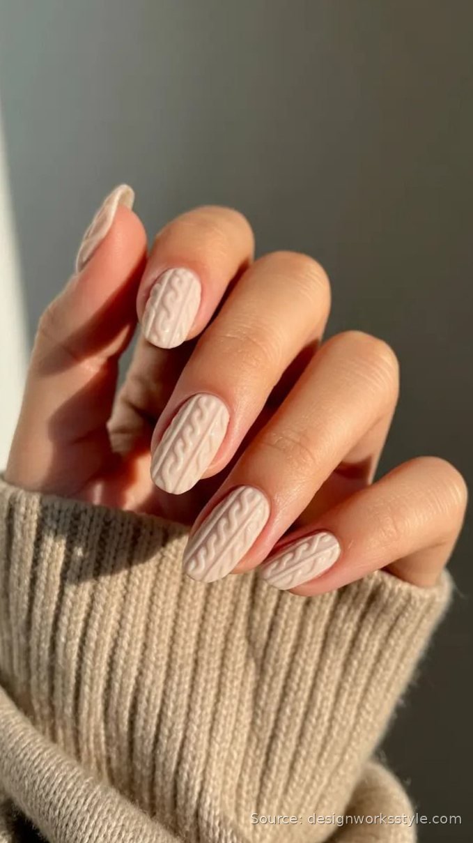 Cream cable knit sweater Thanksgiving nails with cozy sweater cuffs