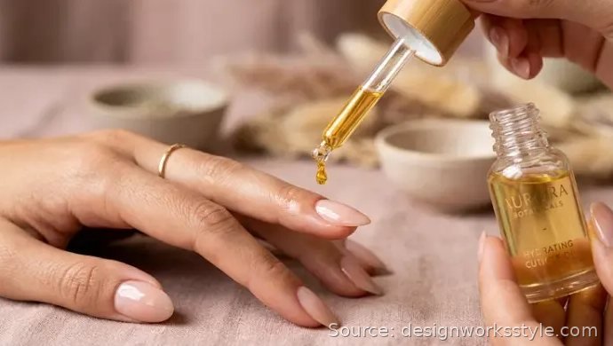 Applying cuticle oil with a dropper to protect a fresh manicure
