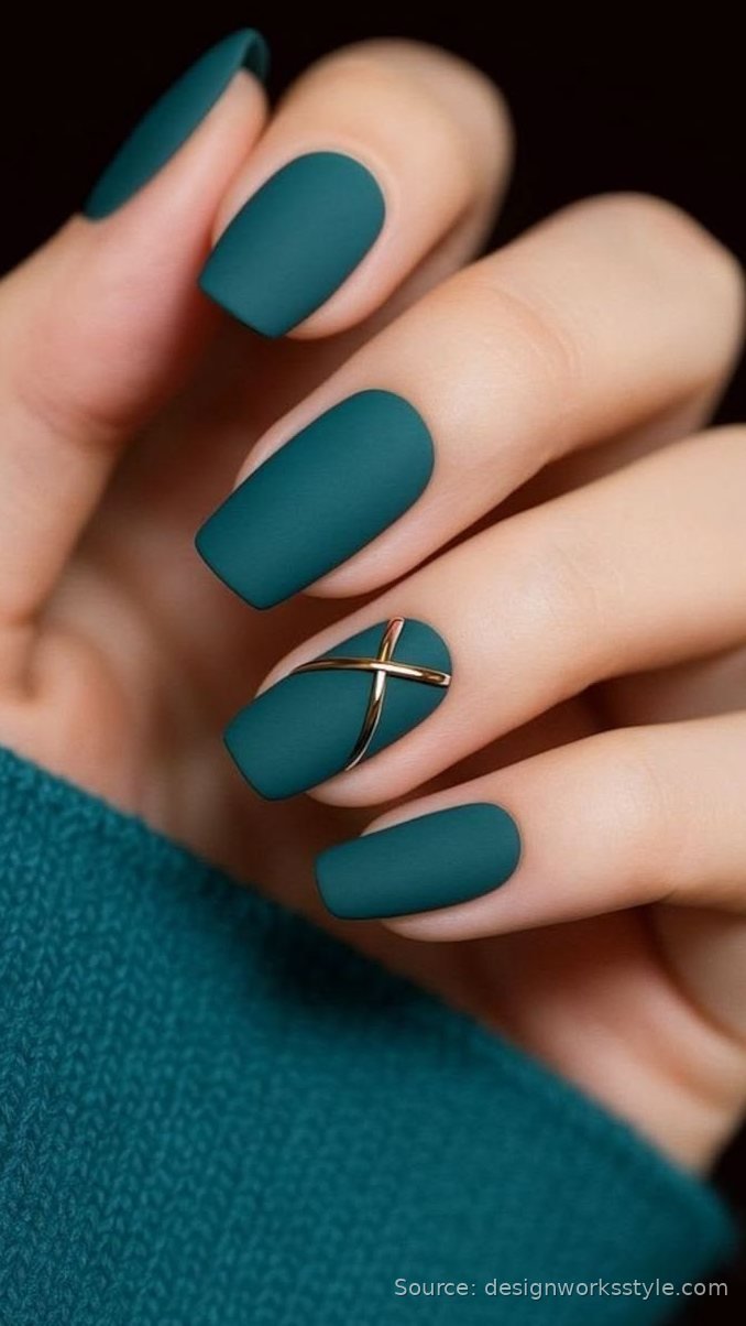 Matte dark teal November nails with gold line accent nail