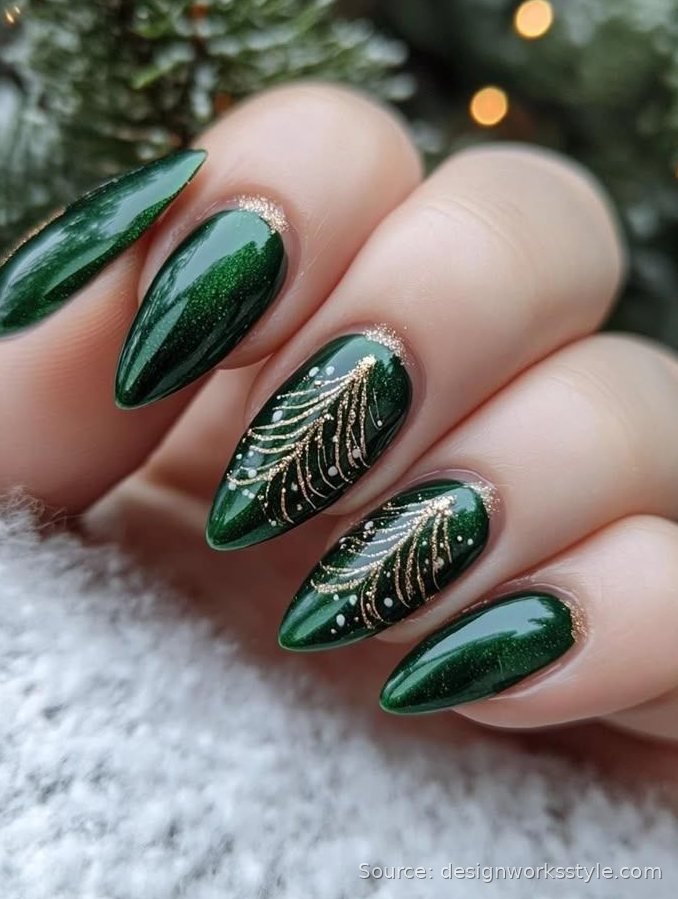 Deep emerald green Christmas nails with gold tree art on stiletto shape
