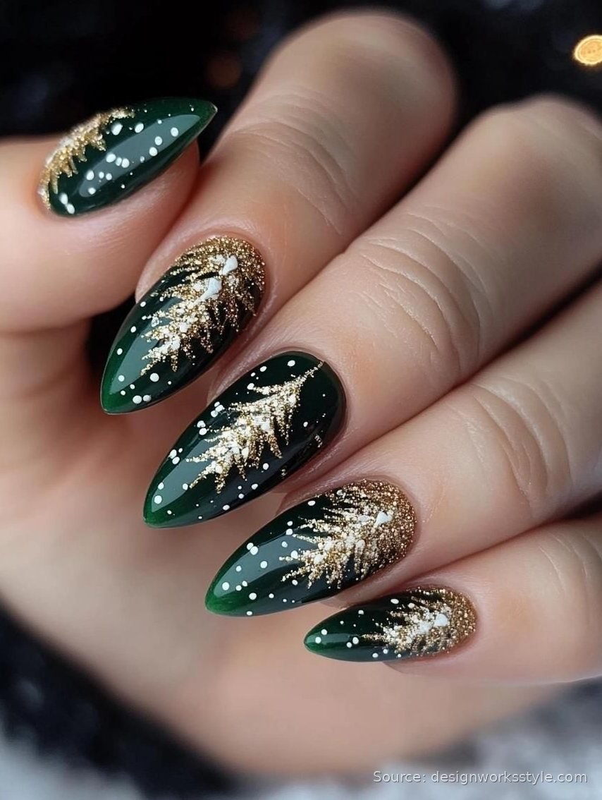 Deep emerald winter nails with gold pine tree art and white snow dots